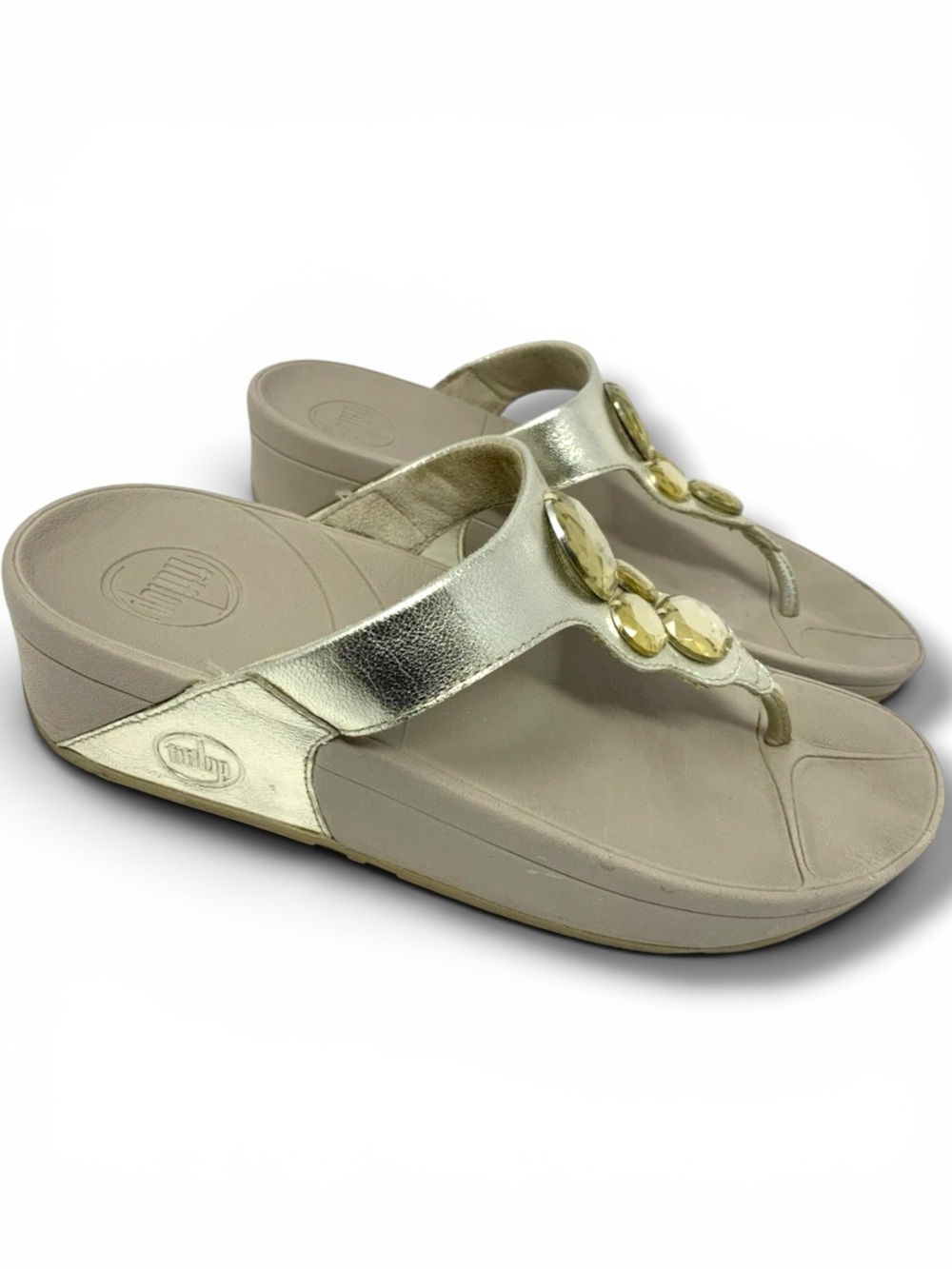 FitFlop Lunetta Gold Jeweled Metallic Flip Flop Thong Sandals Size 10